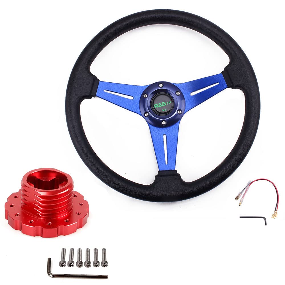 RASTP 13.8”/350mm 6 Bolts Racing Steering Wheel with Sim Racing Gaming Steering Wheel Adapter Fit for Thrustmaster T500 / T300 / TS-PC,TS-XW (Blue-Red)