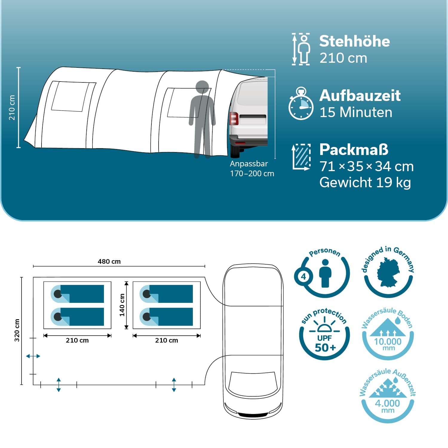 Skandika Esbjerg Travel 4 Protect namiot przedsionek autobusowy, wolnostojący, dla 2 lub 4 osób, wszyta podłoga namiotu, wysokość stania 210 cm, 2 sypialnie, słup wody 3000 mm, wodoodporny, namiot