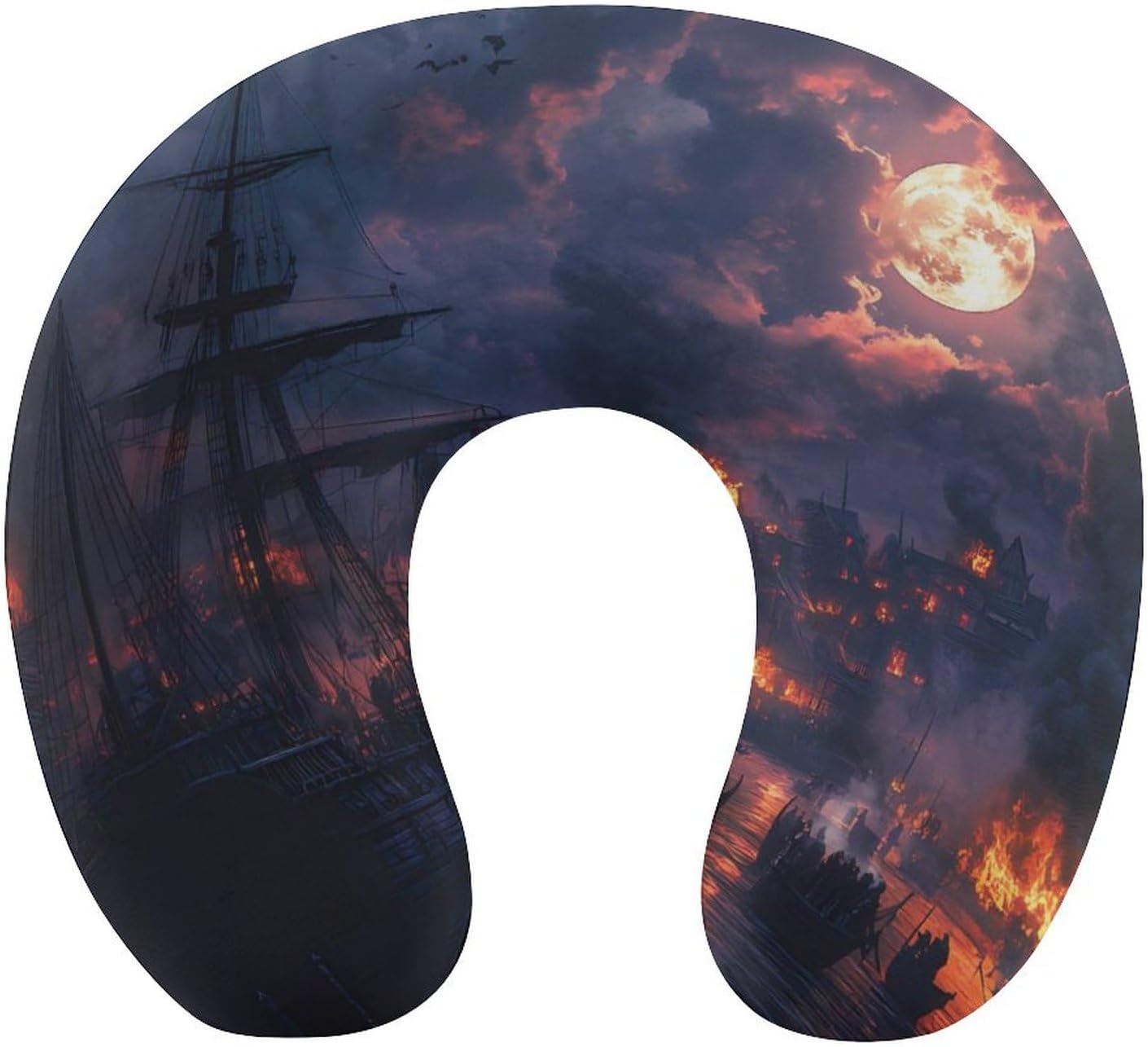 Sailing Ship Moon Burning Village Memory Foam Pillows U Shaped Travel Neck Pillow