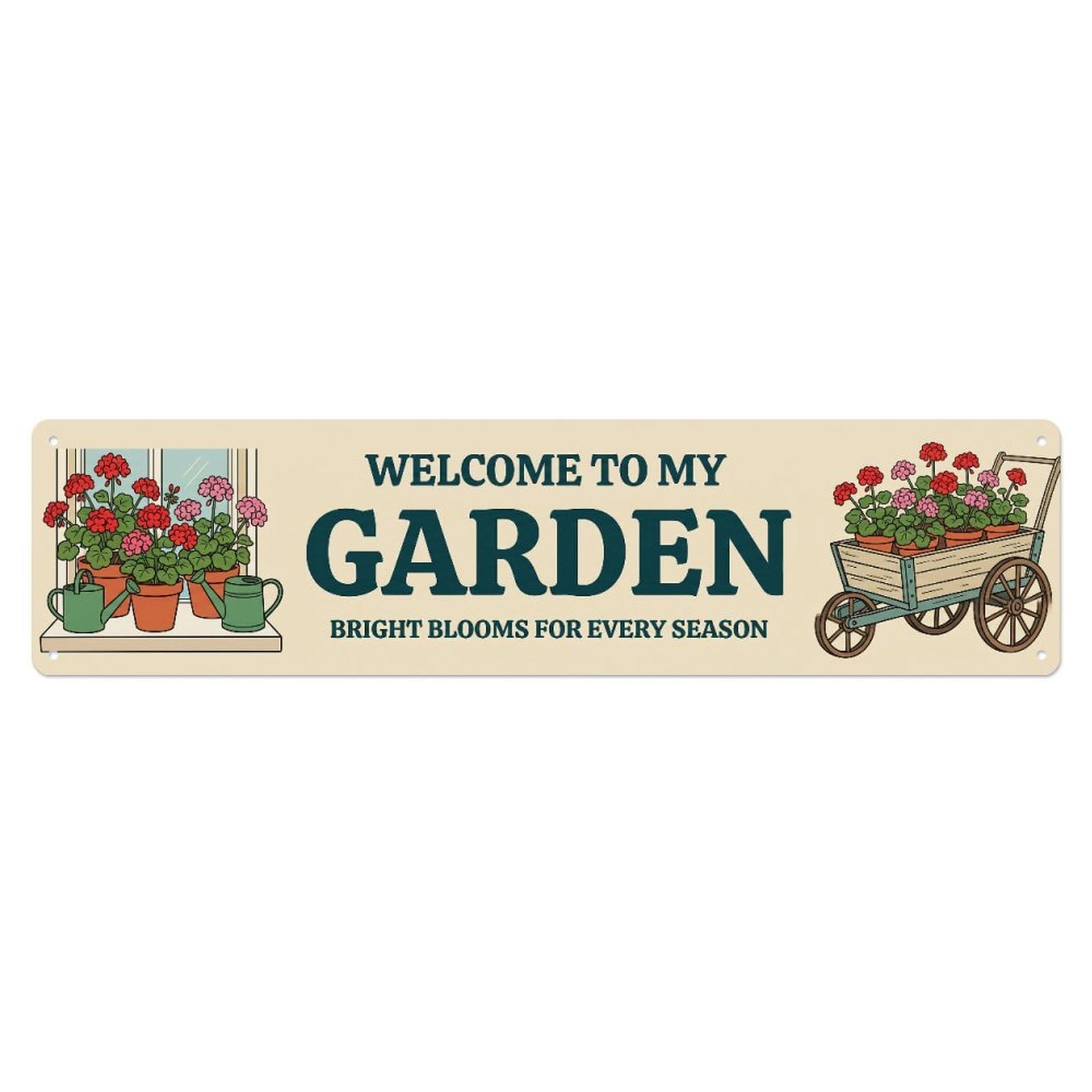 Metal Tin Sign Welcome To My Garden Retro Geranium Pots
