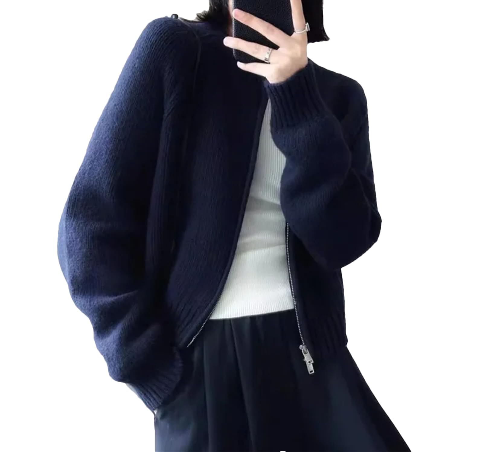 WomenS O-Neck Zip-Up Sweater in Merino Wool Long Sleeve Office Style Regular Fit Knitted Cardigan