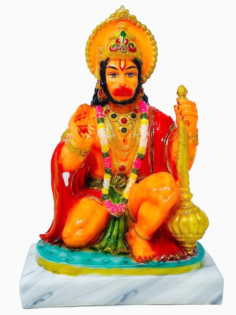 GLOOKS Marble Dust Ashirwad Hanuman Idol/ Bajrangbali Statue-9 Inch,1 Piece (Orange Colour)