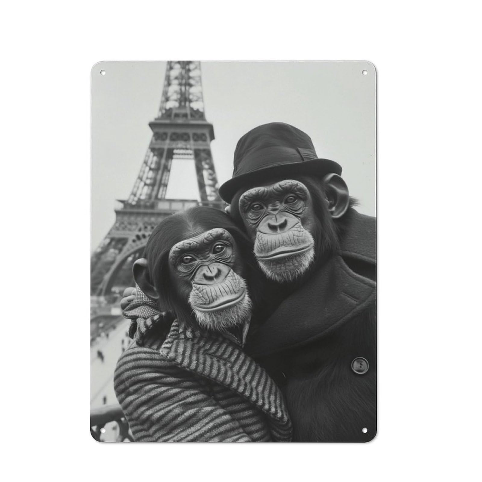 Junmoney Chimpanzee Couple Paris Retro Tin Wall Plaque 40X30cm For Kitchen Or Home Bar, For Home Interiors, Feature Walls And Decorative Displays