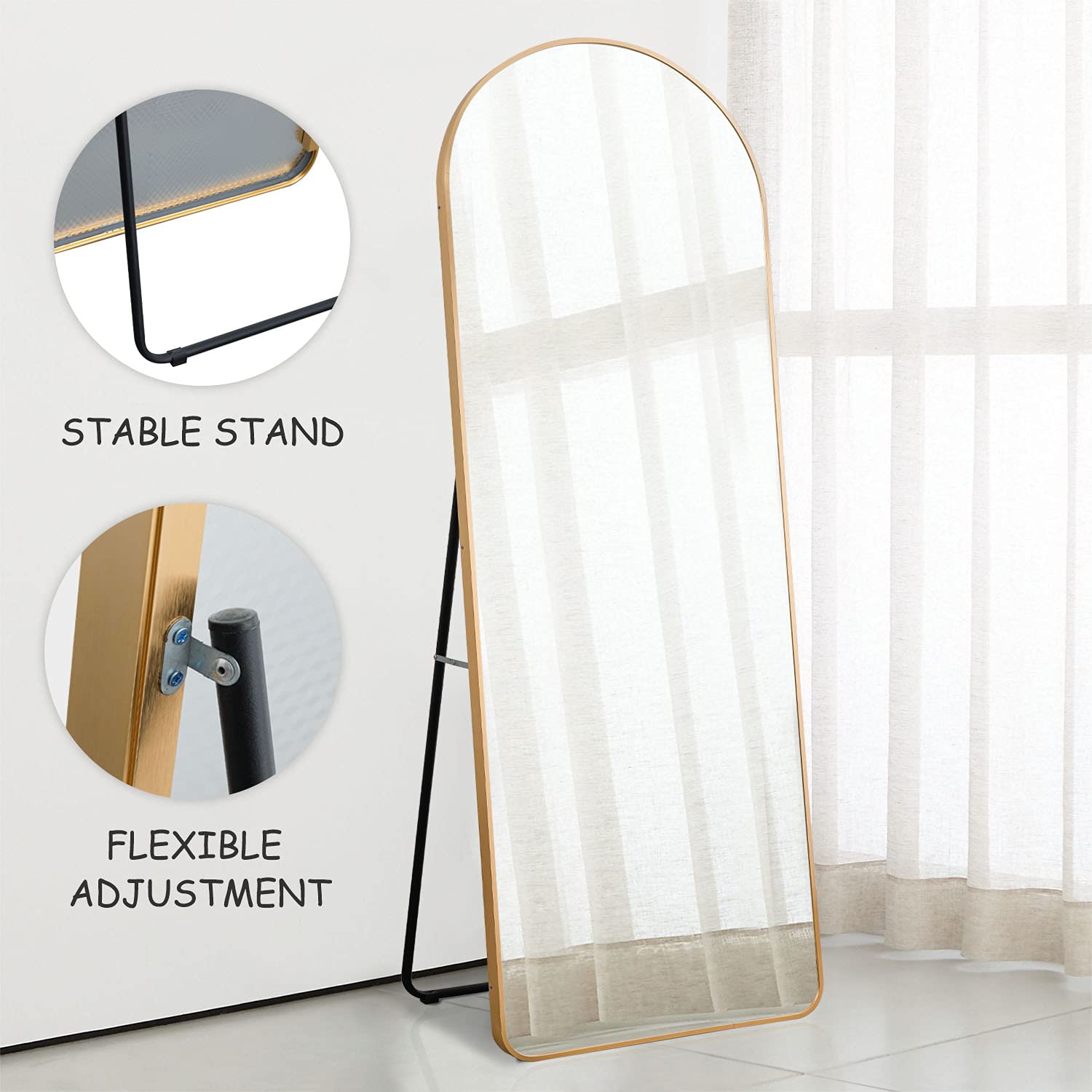 PexFix Mirror Full Length 65"x21" Sleek Arched-Top Aluminum Floor Mirror Bedroom Dressing Mirror, Arched Wall Mirror Standing Leaning Hanging (Gold)