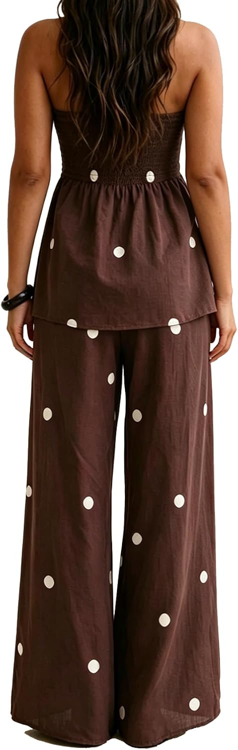 Womens Polka Dot 2 Piece Outfits Side Slit Strapless Tube Tops and Wide Leg Pants Set Lounge Set