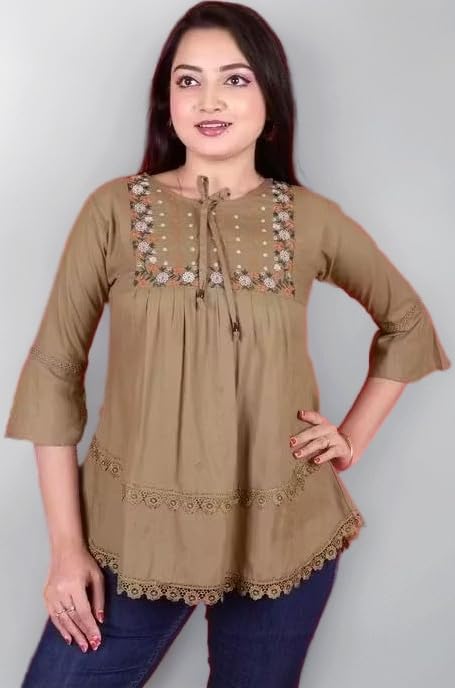 Girls Embroidered Cotton Blend Top – Three-Quarter Sleeve Stylish Party & Casual