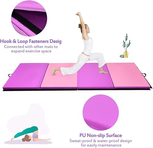 Vista 117 de Giantex 4'x10'x 2" Gymnastics Mat, 4-Panel Folding Aerobics Exercise Mat w/Hook & Loop Fastener, Carrying Handle, Portable Tumbling Mat for