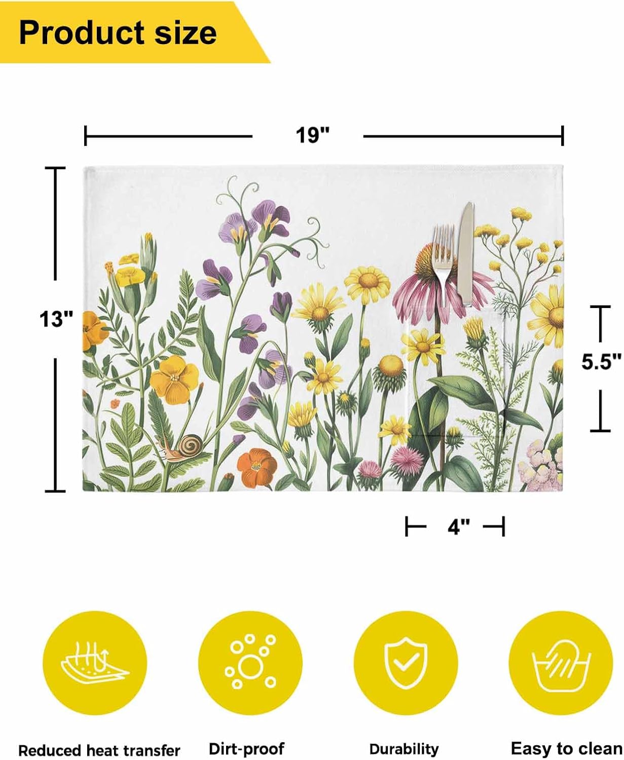 Spring Floral Placemats Set of 6, Woven Placemat Washable Wipeable Table Placemat with Pocket, Holiday Cloth Table Mat for Party Kichen Dinner Farmhouse Rustic Summer Flower