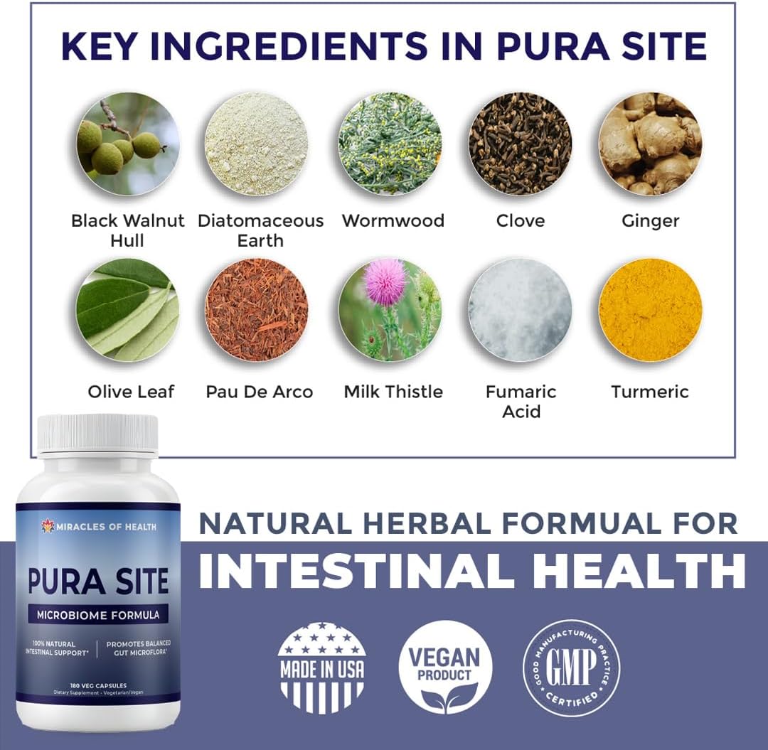 Pura Site | Intestinal Health Formula | Diatomaceous Earth, Black Walnut Hull, Wormwood, Clove, Ginger, Turmeric | Natural Herbal Supplement | Digestion & Gut Health | 180 Capsules