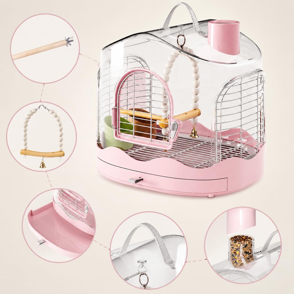 Harilla Gabbia Trasportino Portatile per Uccelli Gabbia da Viaggio Contenitore per Volatili Box per Pappagalli Chiusura Antifuga, Rosa, Gabbia per uccelli 986 - Rosa + Altalena + Posatoio