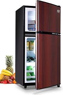 Mini Fridge With Freezer,Compact Refrigerator With 2 Doors,7- Level Adjustable Thermostat, Removable Glass Shelves For Bedroom, Office, Kitchen, Apartment, Dorm,3.5 Cu. Ft Wood