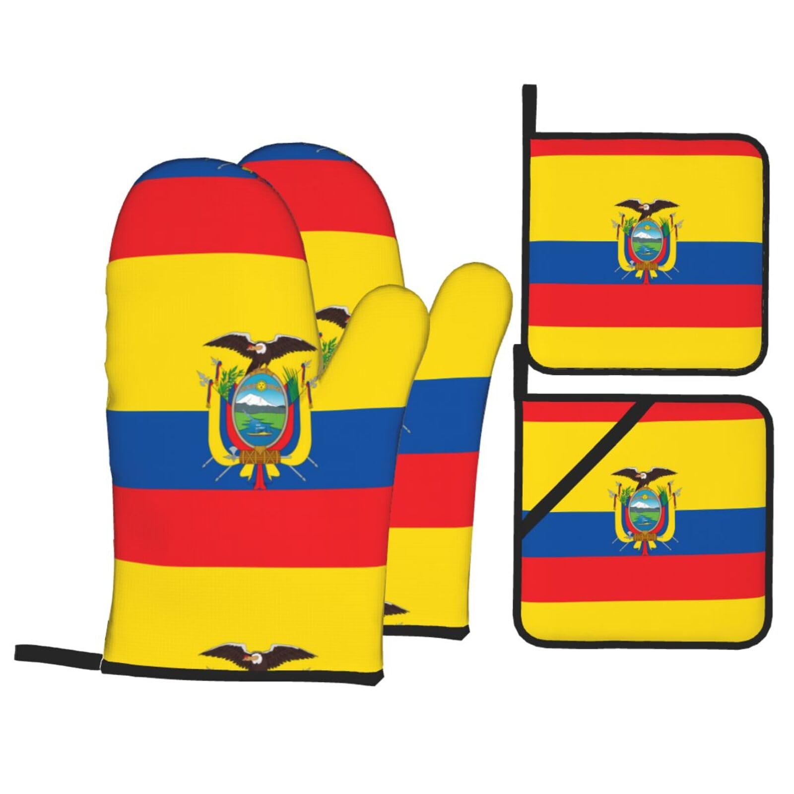 WHJSSF Flag of Ecuador Prints Kitchen Baking Set - 4-Piece Heat Protection Layers with Waterproof Potholders for Oven, Grill & Serving