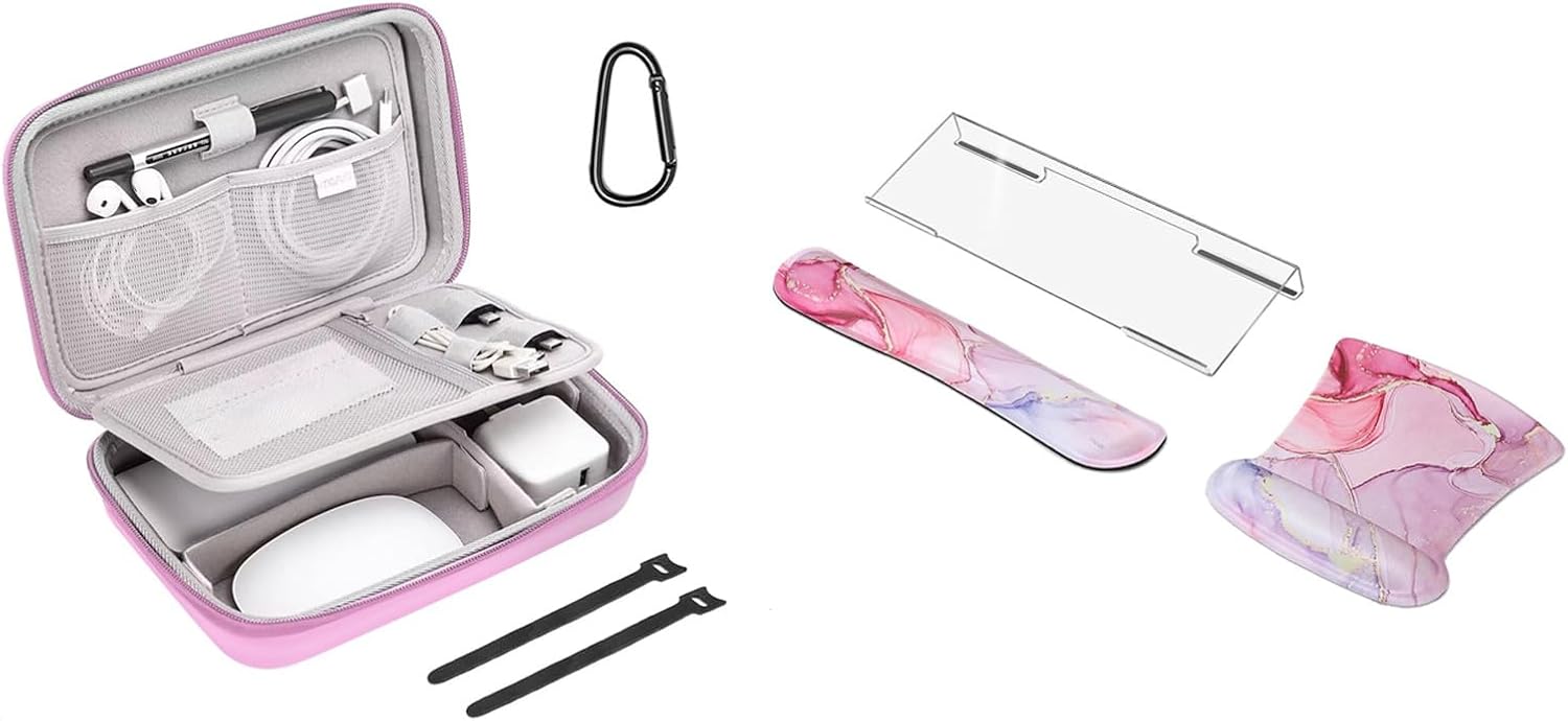 MOSISO Computer Keyboard Stand&Keyboard Wrist Rest&Mouse Pad with Wrist Rest&Electronic Organizer Travel Case with 4 Modular Insert & 2 Cable Tie & Snap Hook, Marble MO-MBH216&Pink