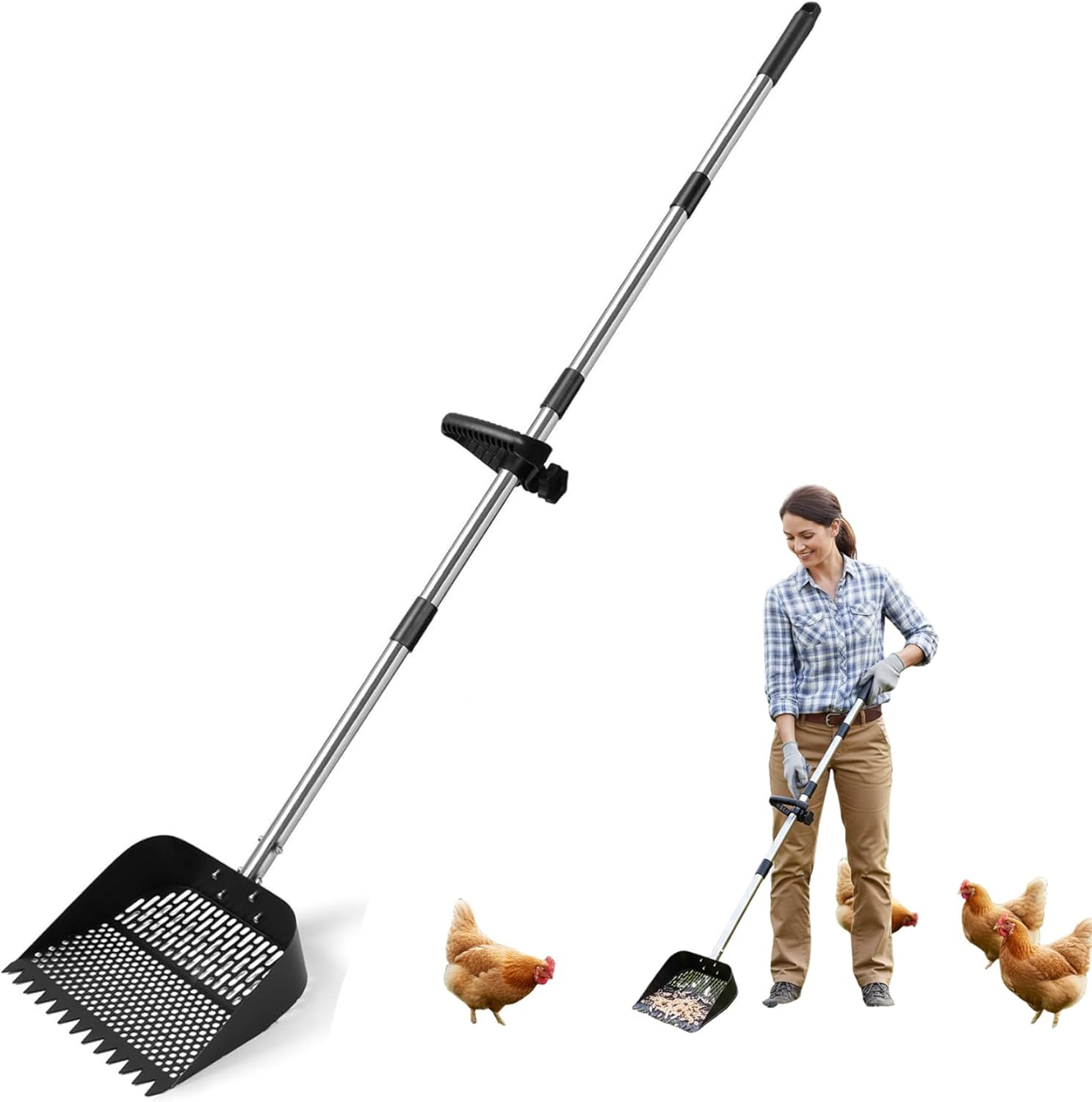 2-in-1 Litter Scoop, Chicken Poop Scooper & Rake, Stainless Steel Litter Scoop with Adjustable Long Handle, Efficient Sifting Design for Chicken Coop, Yard, and Pet Cleaning