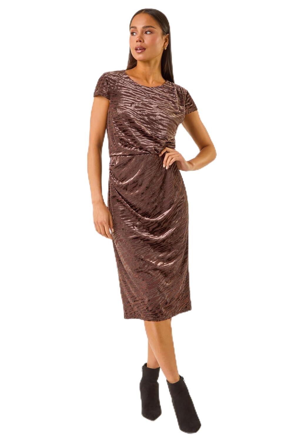 Roman Petite Velvet Burnout Stretch Dress for Women UK - Ladies Everyday Autumn Winter Round Neckline Comfy Soft Evening Vacation Work Party Night Out - Petite Chocolate - Size 12