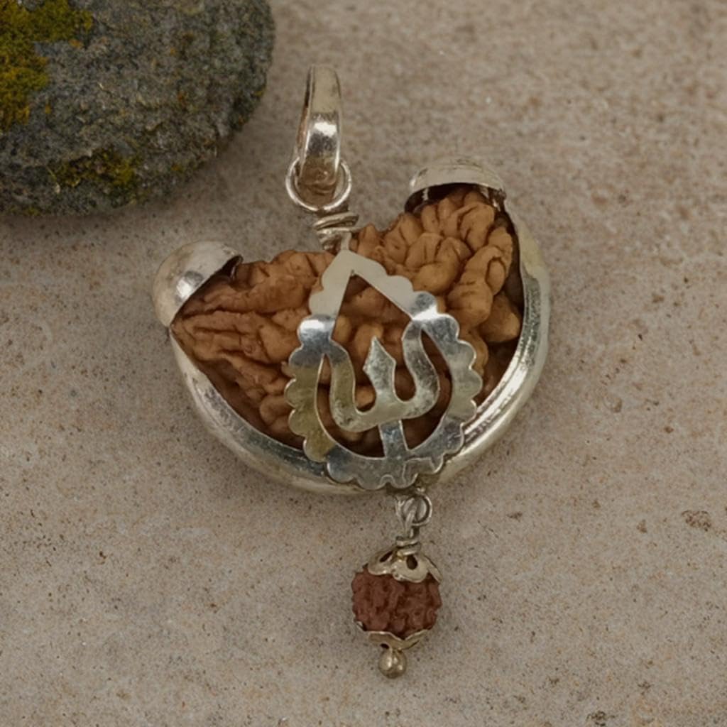 Ek Mukhi Kaju Rudraksha Silver Om Pendant, One Face Half Moon Sacred Bead for Meditation, Moksha & Spiritual Power