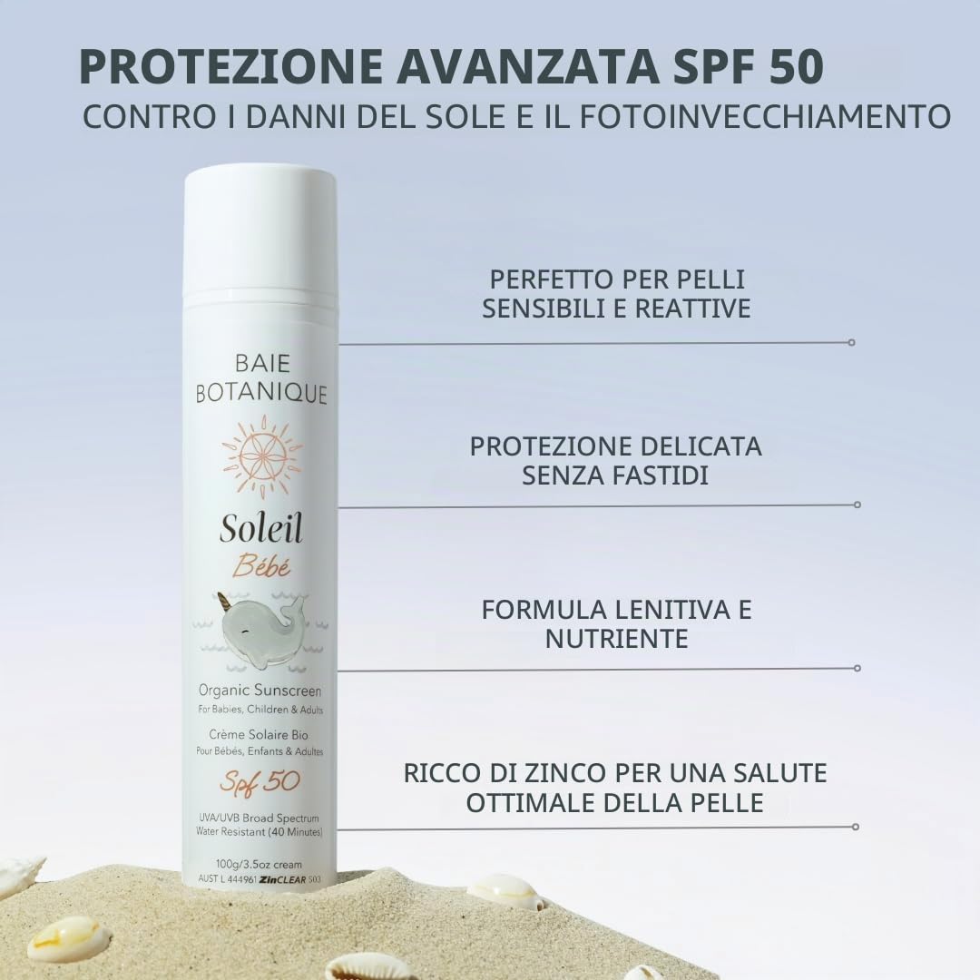 Baie Botanique NOVITÀ - Soleil Bébé - Crema solare minerale biologica non tossica per neonati e bambini SPF 50 - Girasole e jojoba - Senza profumo - Naturale - Vegano - Senza dominante bianca - Sicuro