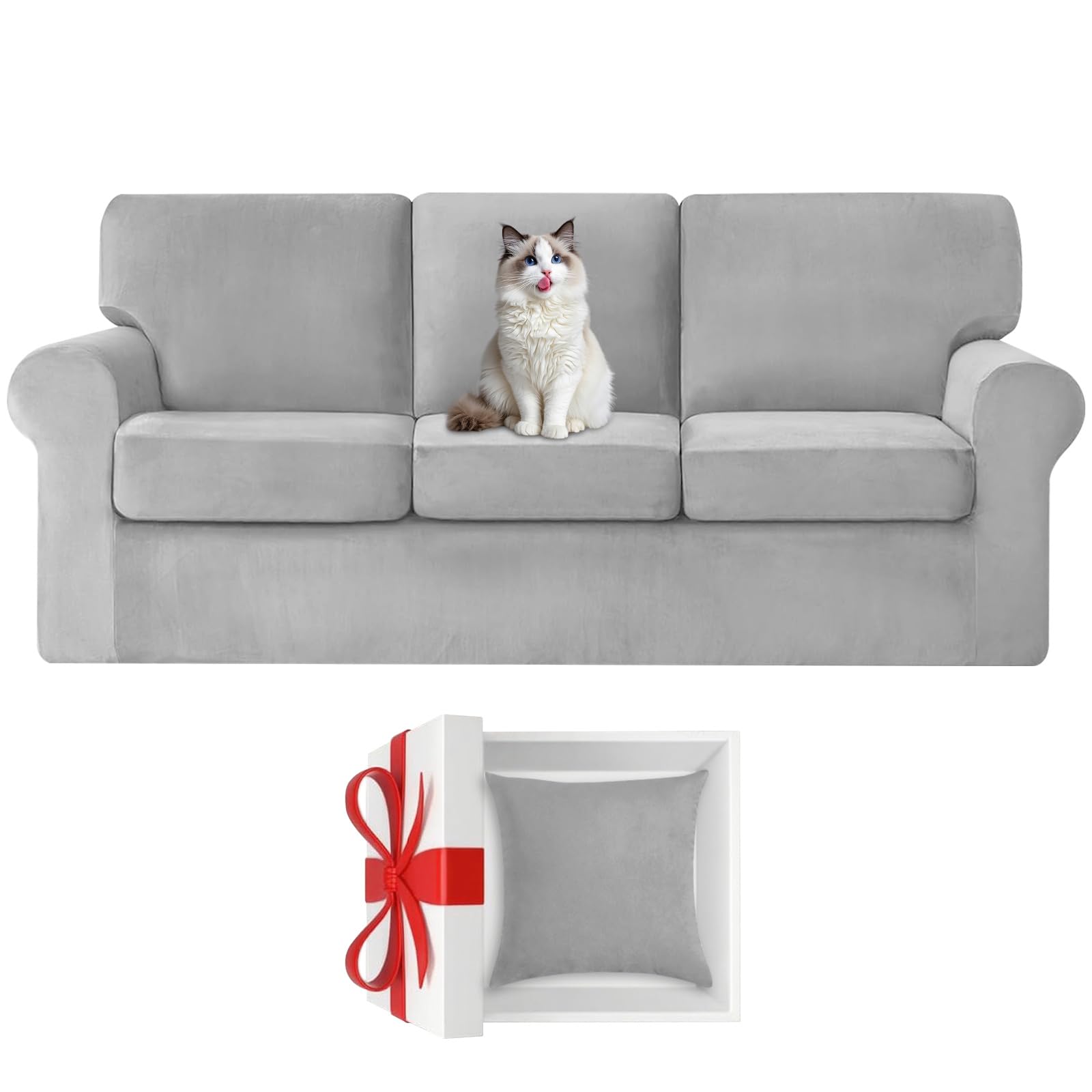 Housse canapé 3 places Ektorp velours extensible coussins séparés gris