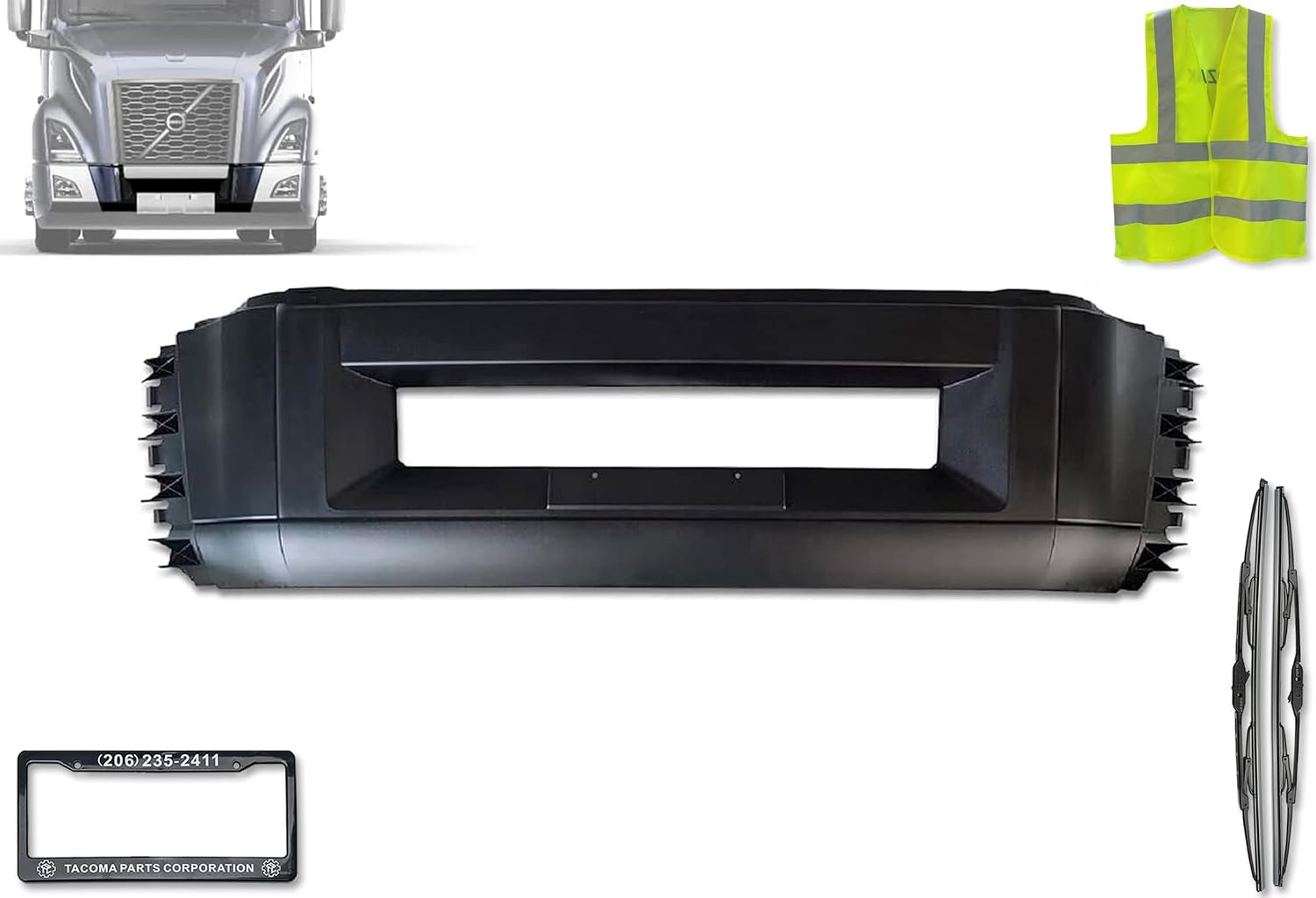 Kozak Center Middle Bumper Kit, Painted Black Plastic, Compatible with Volvo VNL 2018+. Includes Stripe Logo Emblem, 2x 22" Windshield Wipers, License Plate Frame and Reflective Vest