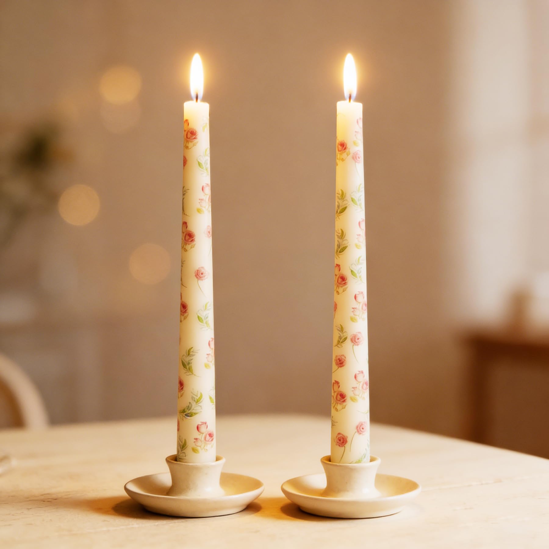 FYBW 2 Pack Ivory Taper Candles, Flowers Print Taper Candles 10 Inch Unscented, Smokeless, Dripless, Ideal for Weddings, Mother's Day