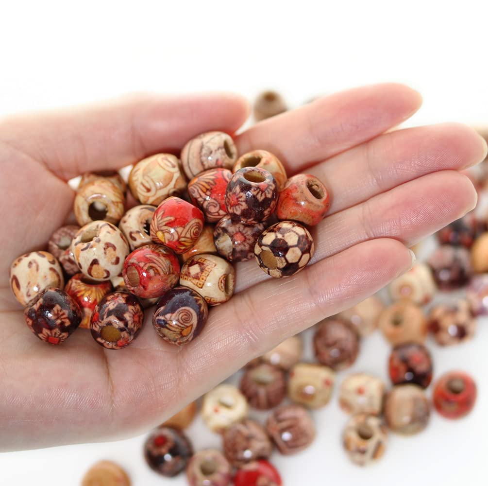 BetterJonny Abstandshalter-Perlen, gemischte bemalte Fass-Holzperlen, 17x16 mm, rundes, bedrucktes Muster, Trommelholz, lose Perlen für DIY-Herstellung von Armbändern, Haarhandwerksprojekt, 200 Stück