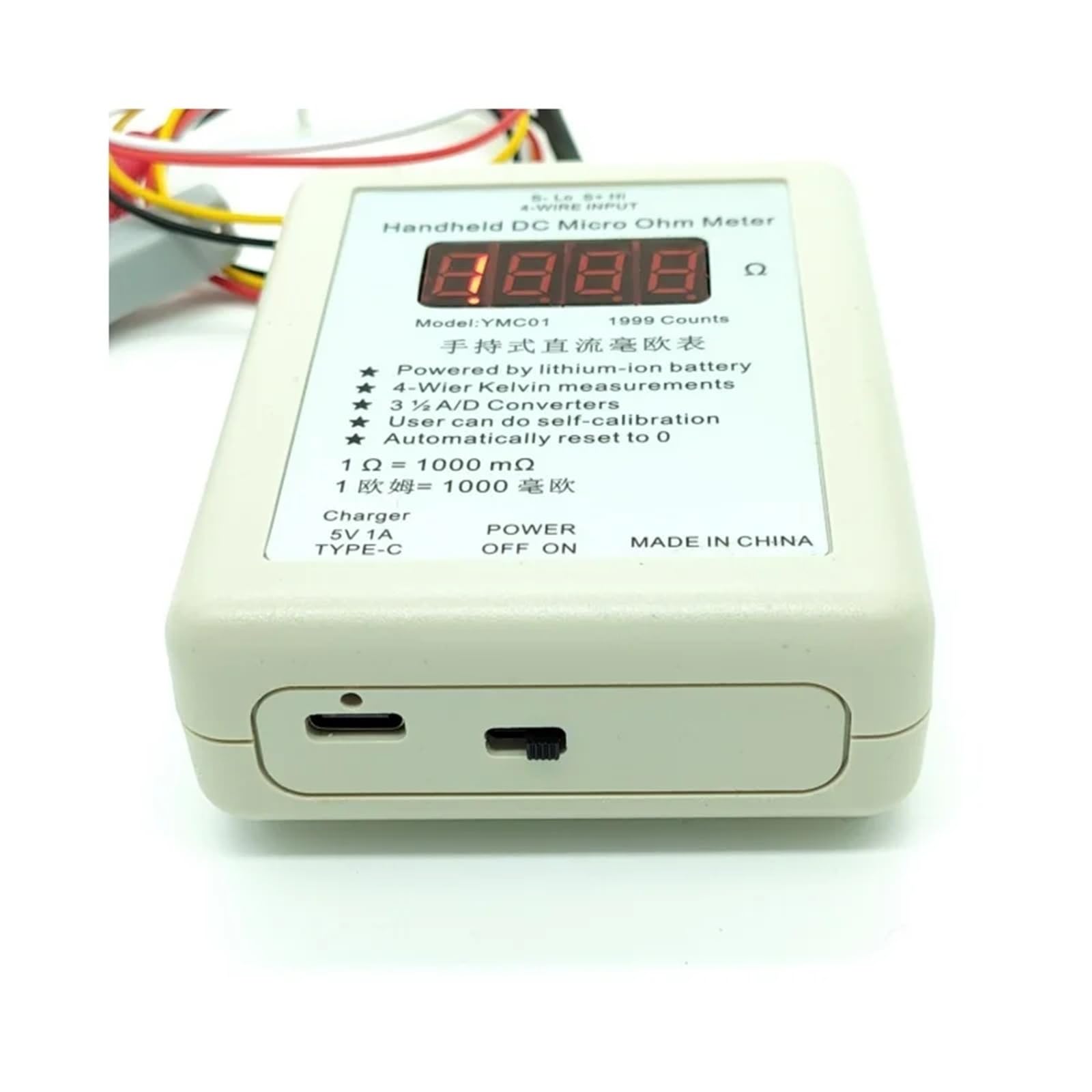 Rechargeable Handheld DC Milliohmmeter Low Resistance Tester Meter Four Wire Kelvin Measurement(Range 2R)