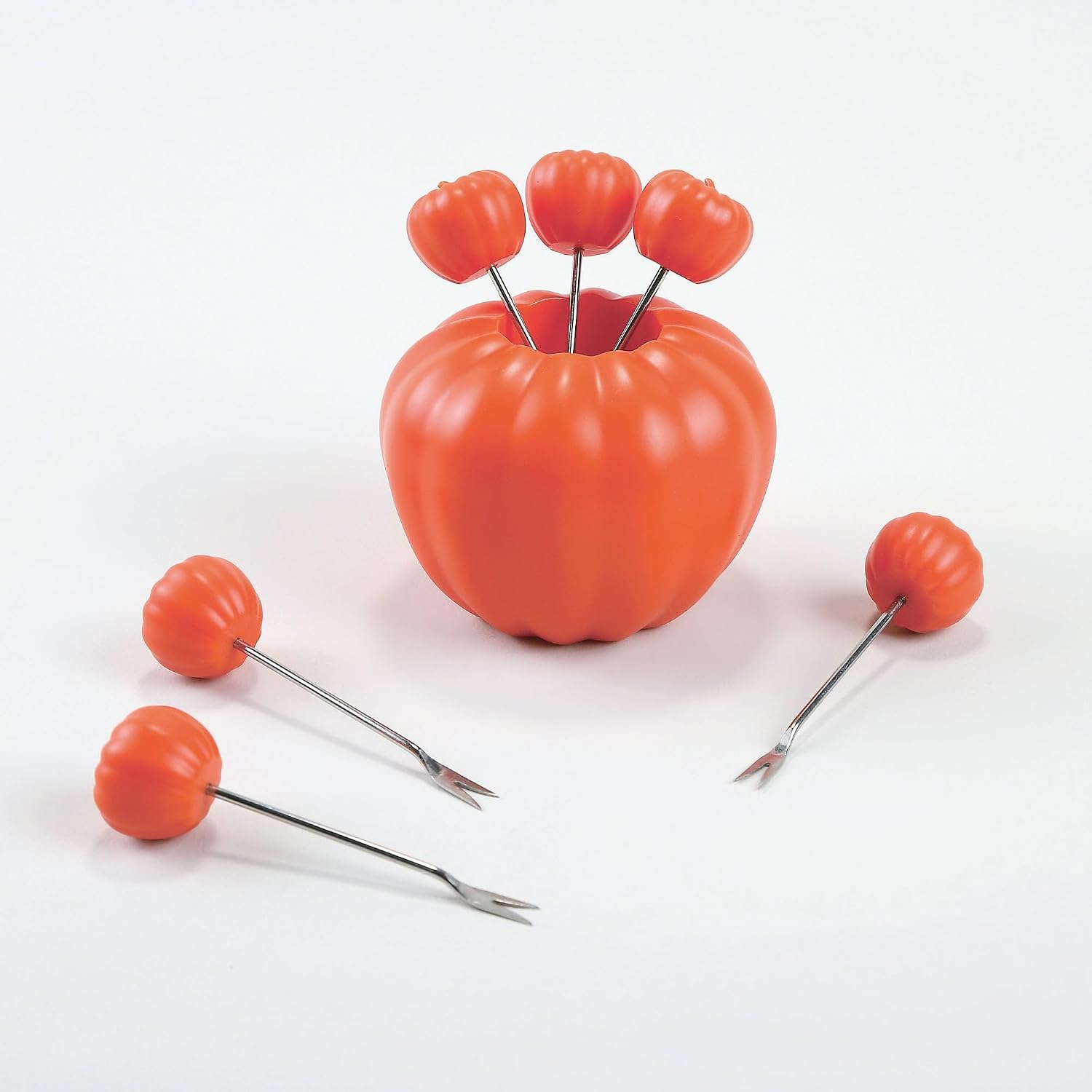 Supreme Housewares Pumpkin Cocktail Picks and Holder Set, Stainless Steel Reusable Fruit Forks, Decorative Fall Harvest Theme Appetizer Picks for Charcuterie, Thanksgiving Party, Orange, Set of 7