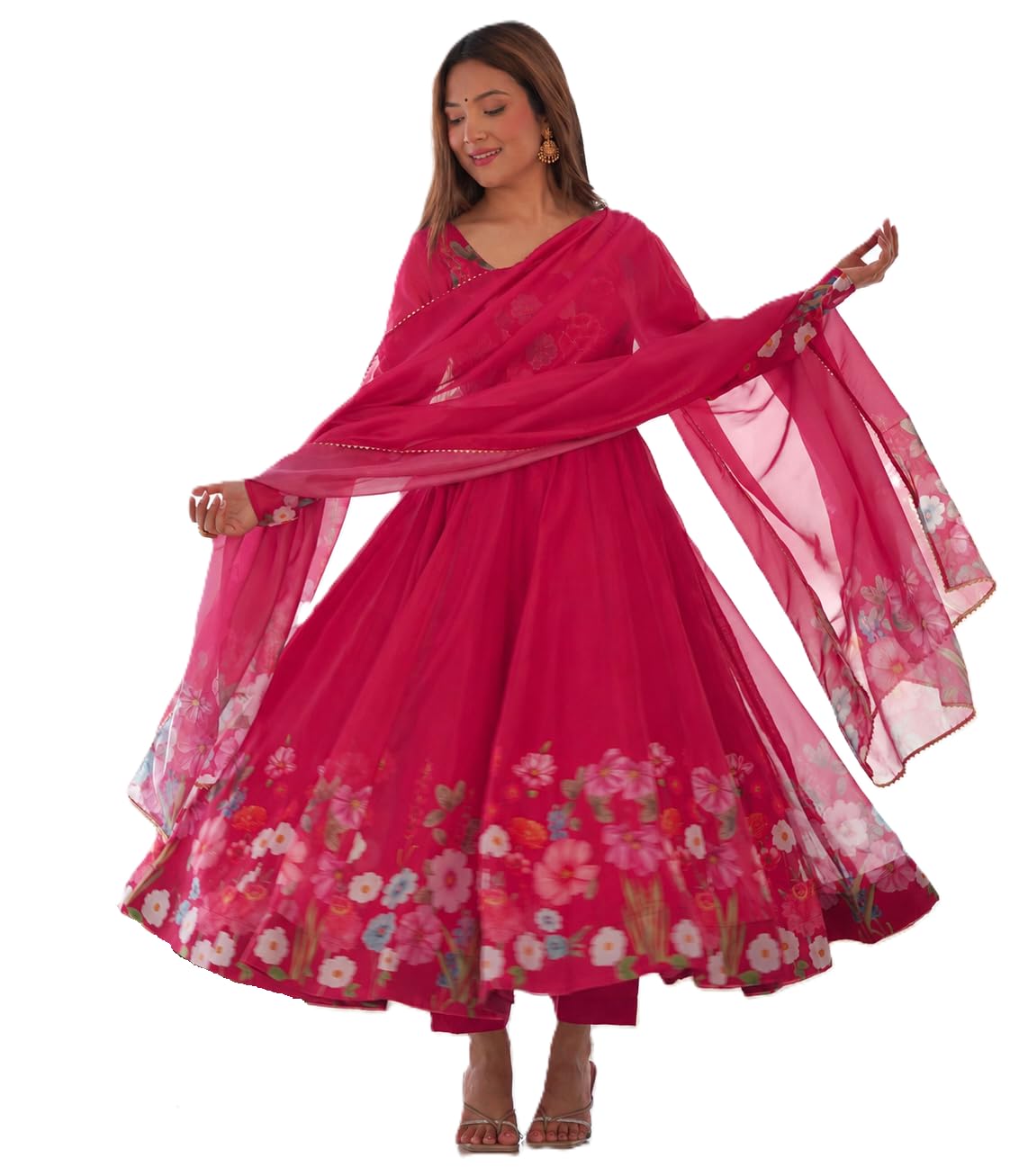 Women's Organza Silk Floral Print Anarkali Kurta Set With Dupatta.-image-35