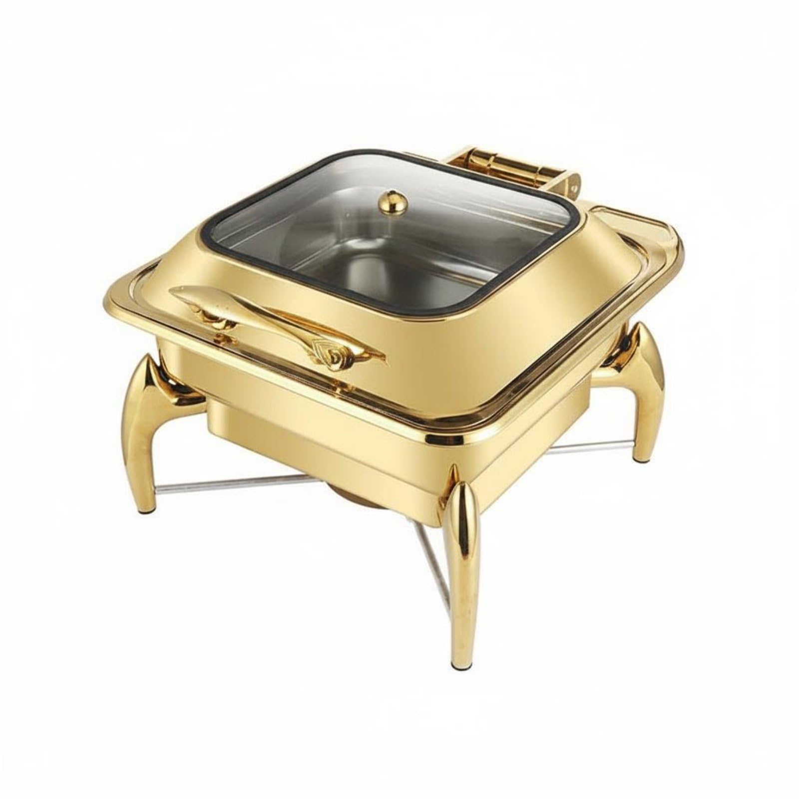 Calentador de Buffet Chafing Dish Recipiente Servidor Acero Inoxidable Dorado 9L la Comida Caliente Patas Uso Continuo Adecuado para Hoteles Bufés, Cuadrado De 6L con Soporte