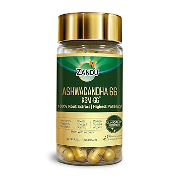 Zandu Ashwagandha KSM-66 (600 mg high dose formula) Tablets | Clinically Proven for 72% Decrease in stress and anxiety levels I Boosts Energy & Strength | 60 tablets I 100% Pure Root Extract - image, photos