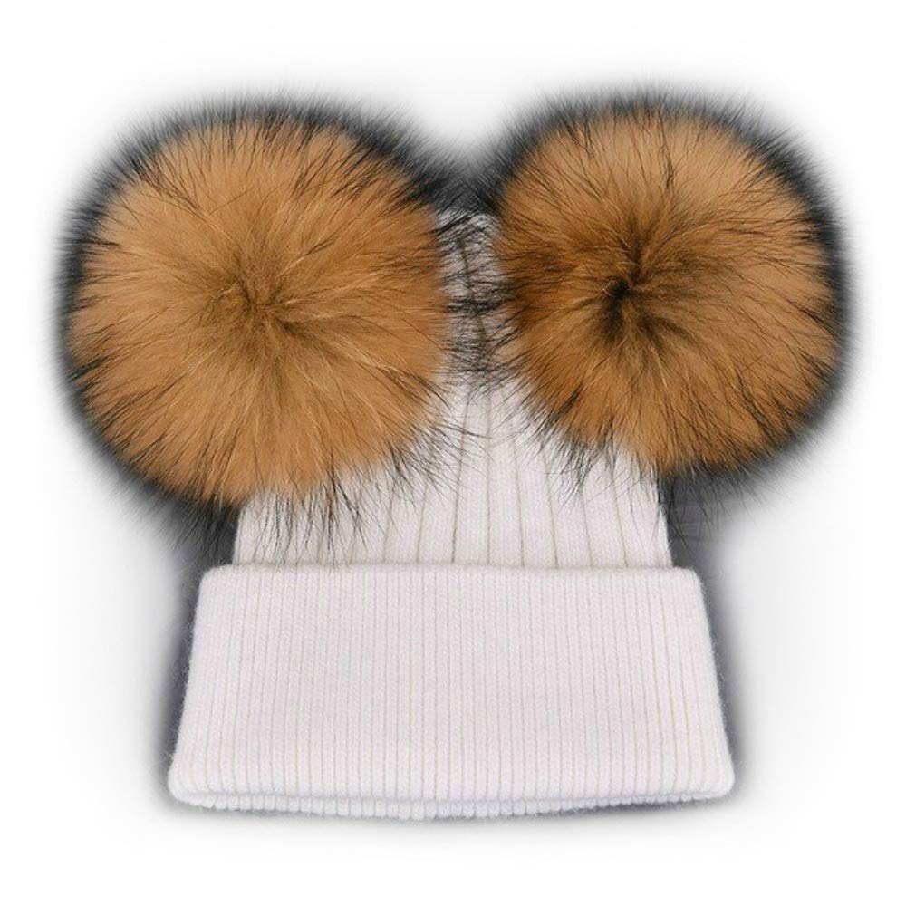 Gorro de cachemira de piel auténtica con doble pompón, para mujer, de invierno, para mujer BIANCO PON PON BEIGE Talla única