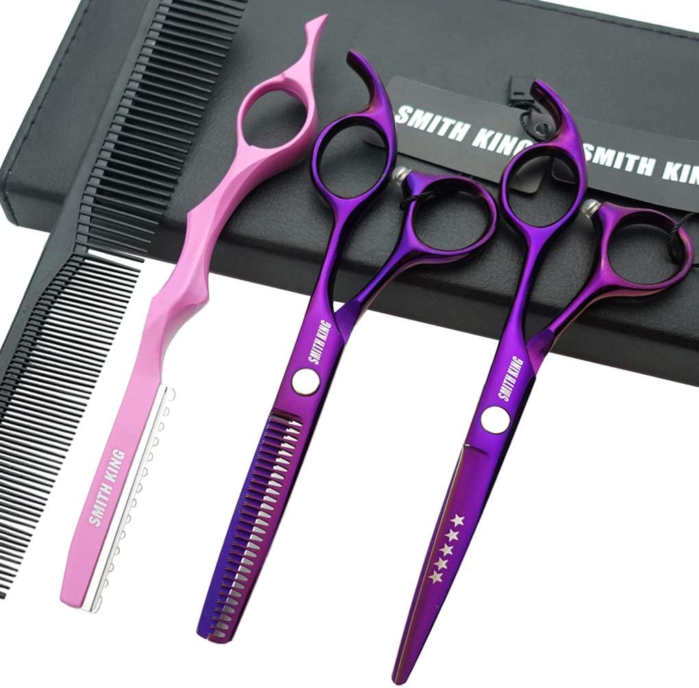 5.5 Inches Hair Cutting Scissors Set with Razor Combs Lether Scissors Case,Hair Cutting Shears Hair Thinning Shears for Personal and Professional (Voilet)