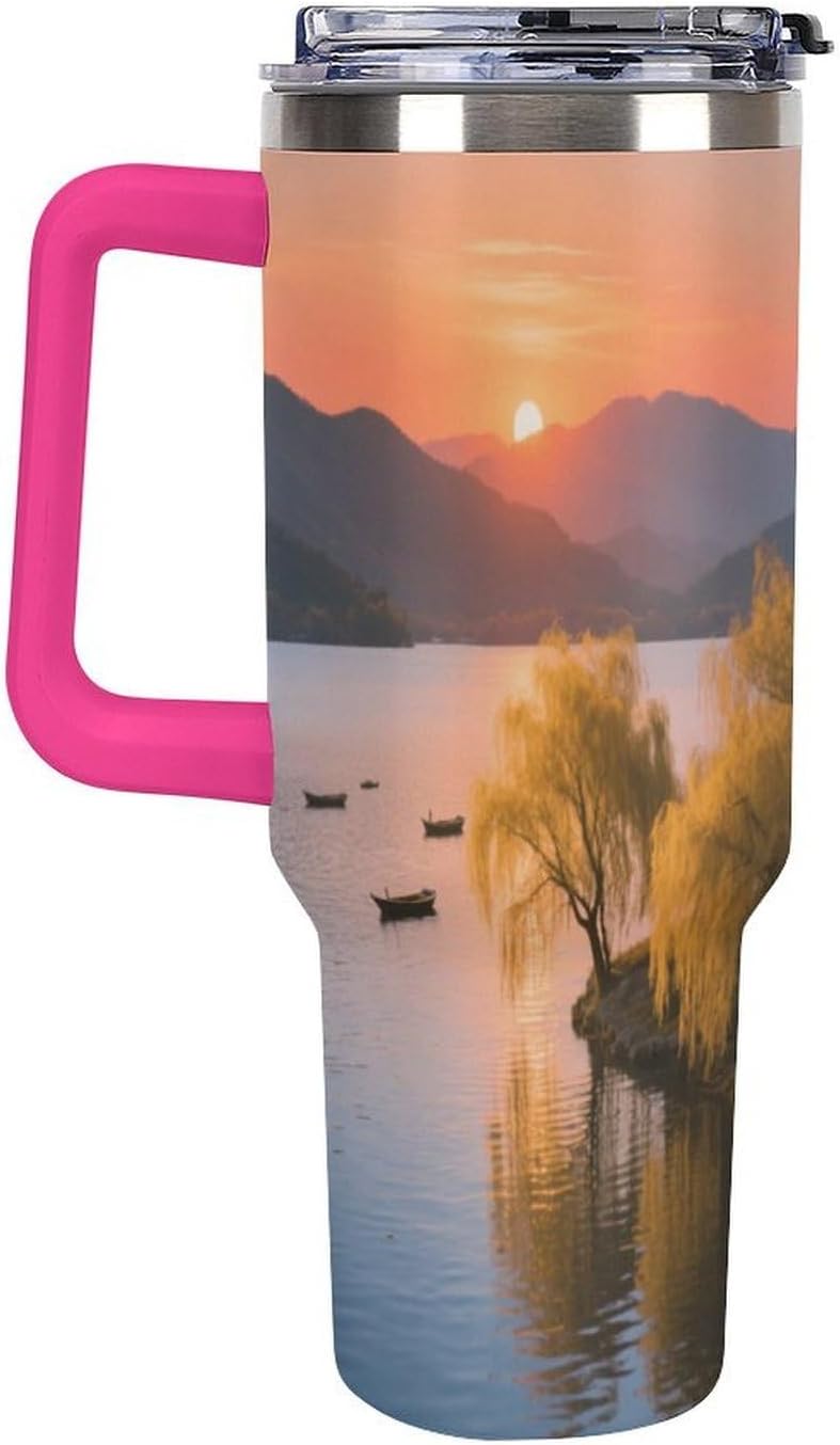 Travel Coffee Mug 40OZ Thermo Cups Thermos Cup Drink Cups Lakeside Dusk Weeping Willows Thermos with Cup with Handle Lid And Straw Suitable for Gifts Parties Offices Traveling