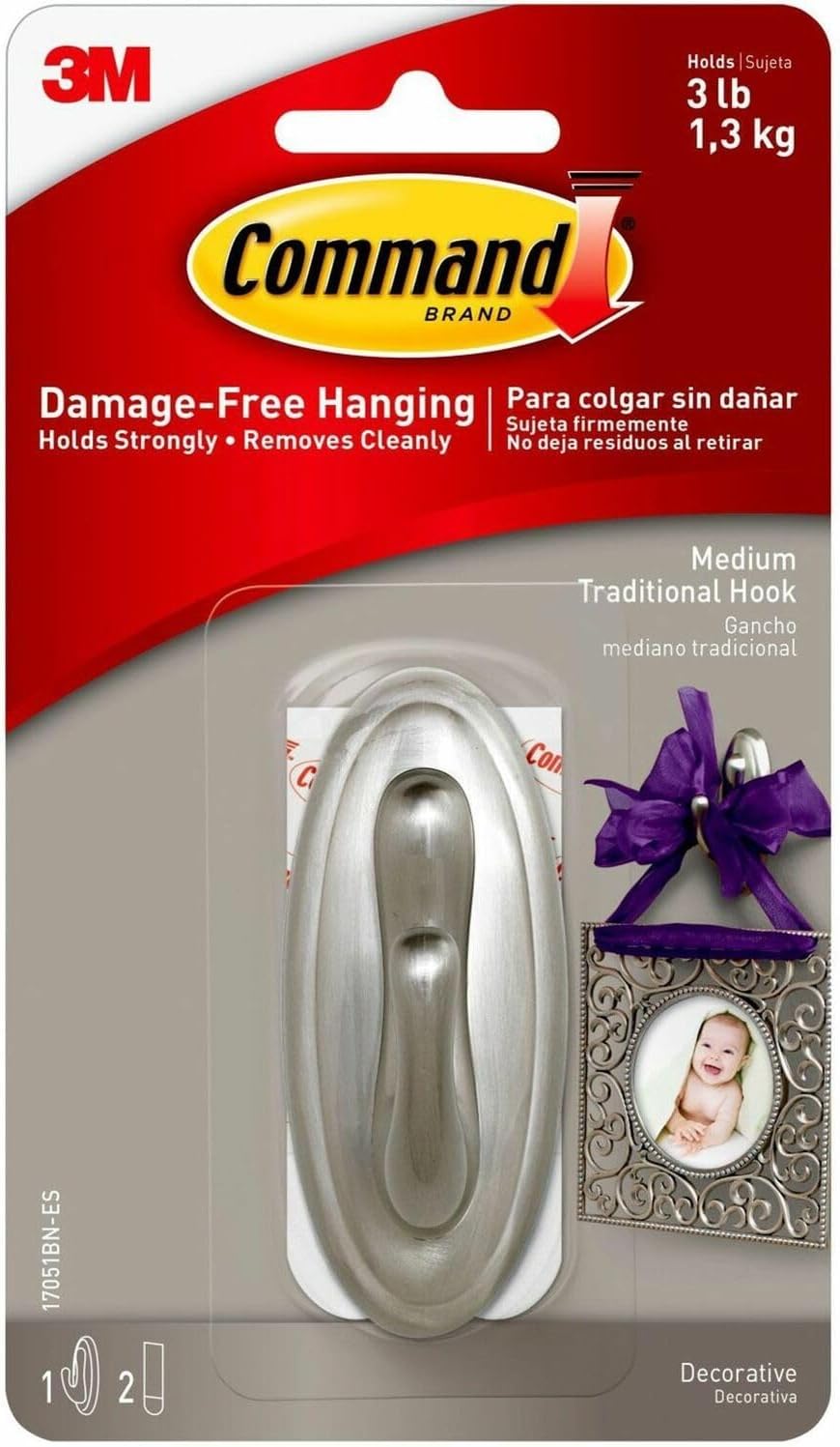Command 3M 17051BNES Decorative Hooks, Traditional, Medium, 1 Hook & 2 Strips/Pack