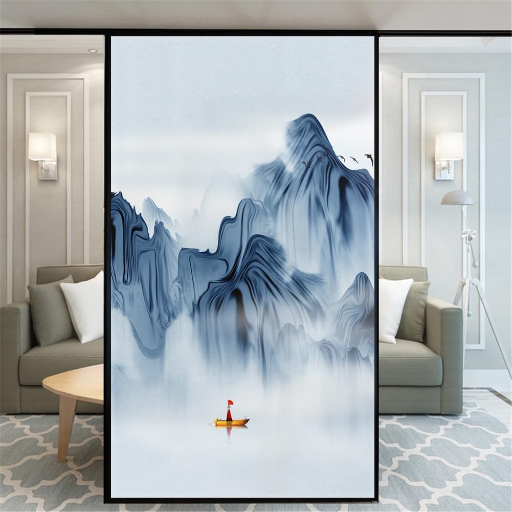 No Glue Decorative Privacy Frosted Window Film Moonlight Cherry Blossoms Pattern Glass Door Window Covering Window Decals Window Sticker for Home Office 75x160cm(29.5"x63")