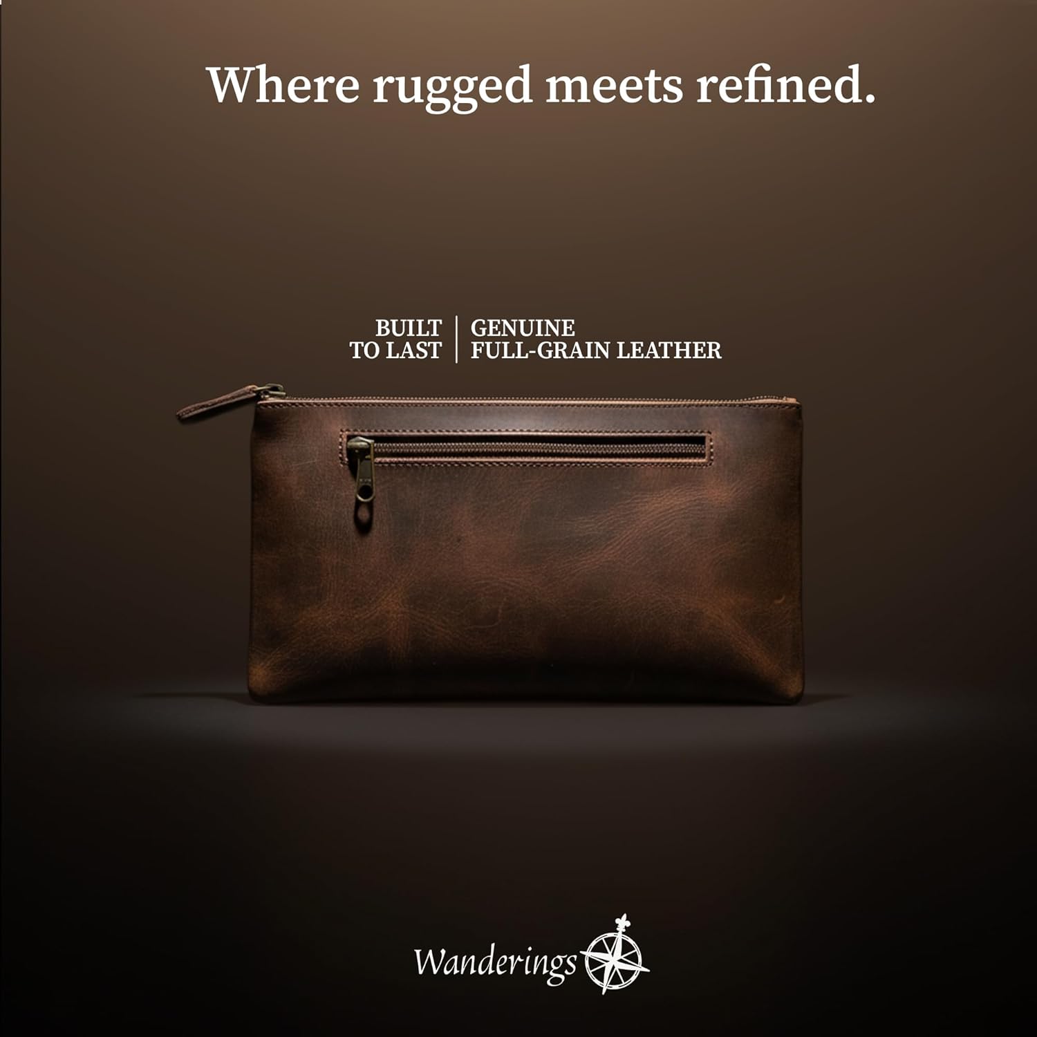 WANDERINGS Vintage Leather Pencil Pouch Case - Large 11"x6.25" / 28×16 cm - Hand Crafted Functional Brown Leather Zipper Pouch - Slim Pencil Case Holder for Men and Women - Image 9