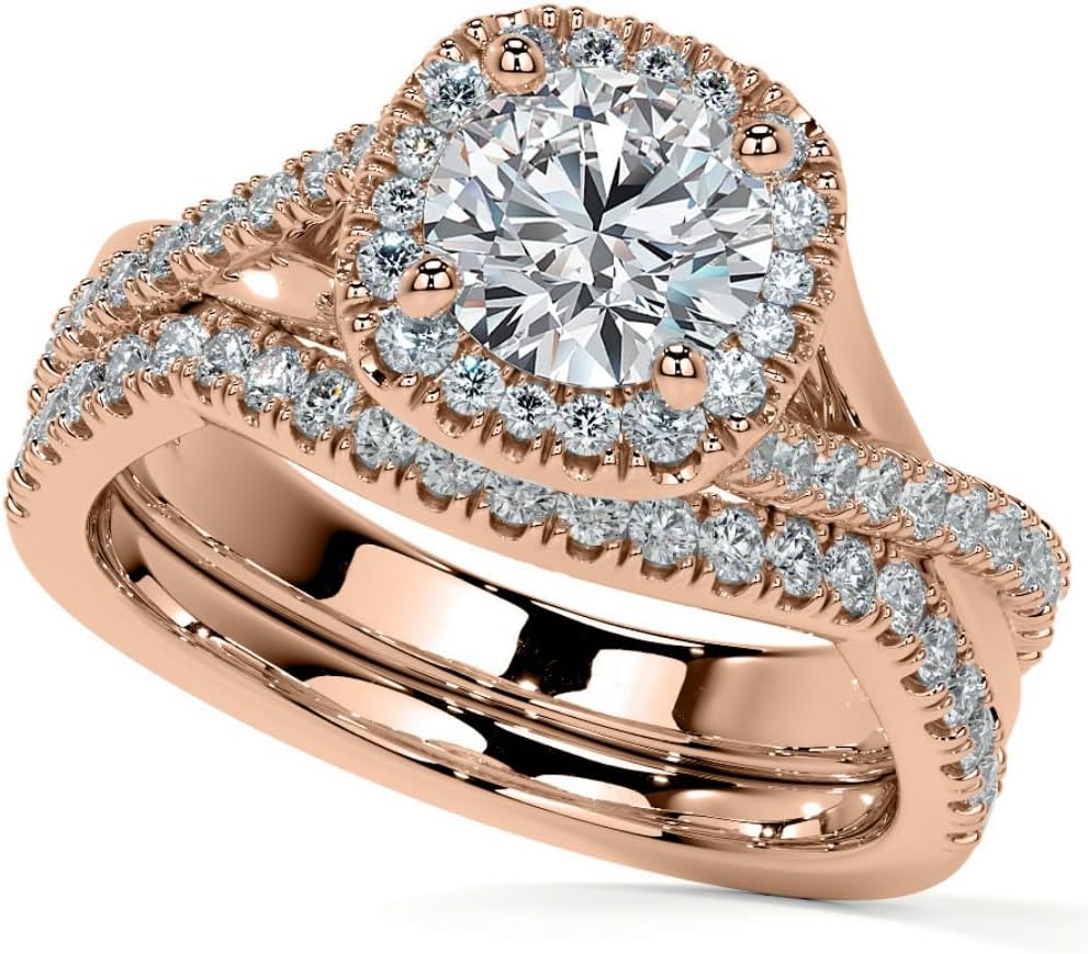 1CT-3CT Round Cut Moissanite Wedding Ring Set for Women Halo Pave Split Shank Bridal Handmade Ring, Promise Gifts for Her