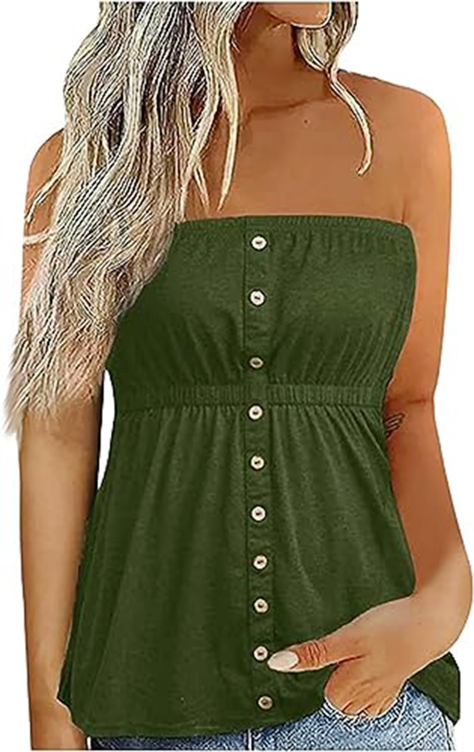 FECAFO Button Strapless Bandeau Tank Women Sleeveless Backless Tube Tops Pleated Summer Casual Holiday Tanks Shirt Blouse