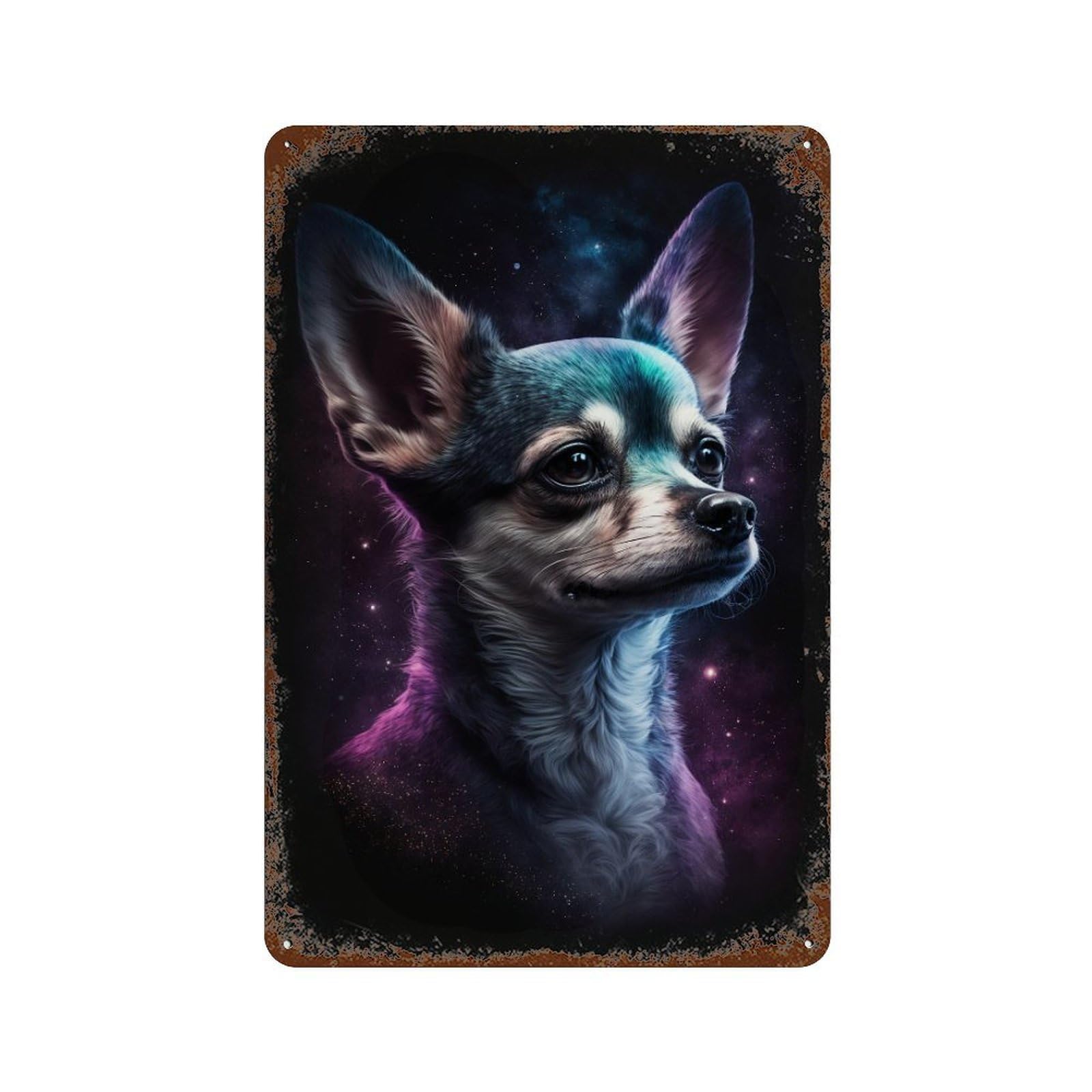Garage Style Cosmic Chihuahua Portrait-8 Aged Metal Wall Plaque 11.8"x7.9", Novelty Wall Decor for Bar And Workshop