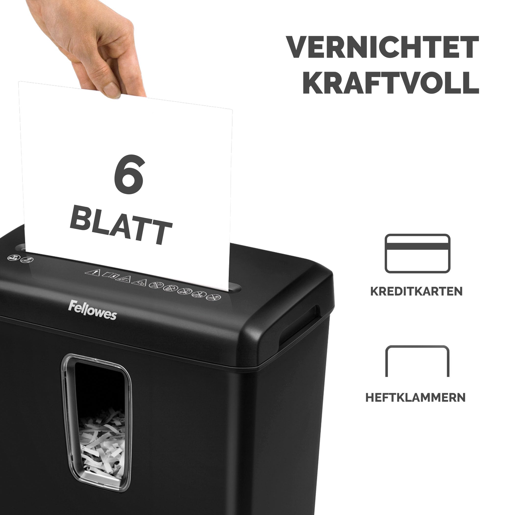 Fellowes Aktenvernichter 6 Blatt Partikelschnitt (P4), Papierschredder für Zuhause und Homeoffice, Powershred FS-6C, Schredder mit 15L Papierkorb, verarbeitet Kreditkarten, Heftklammern, schwarz