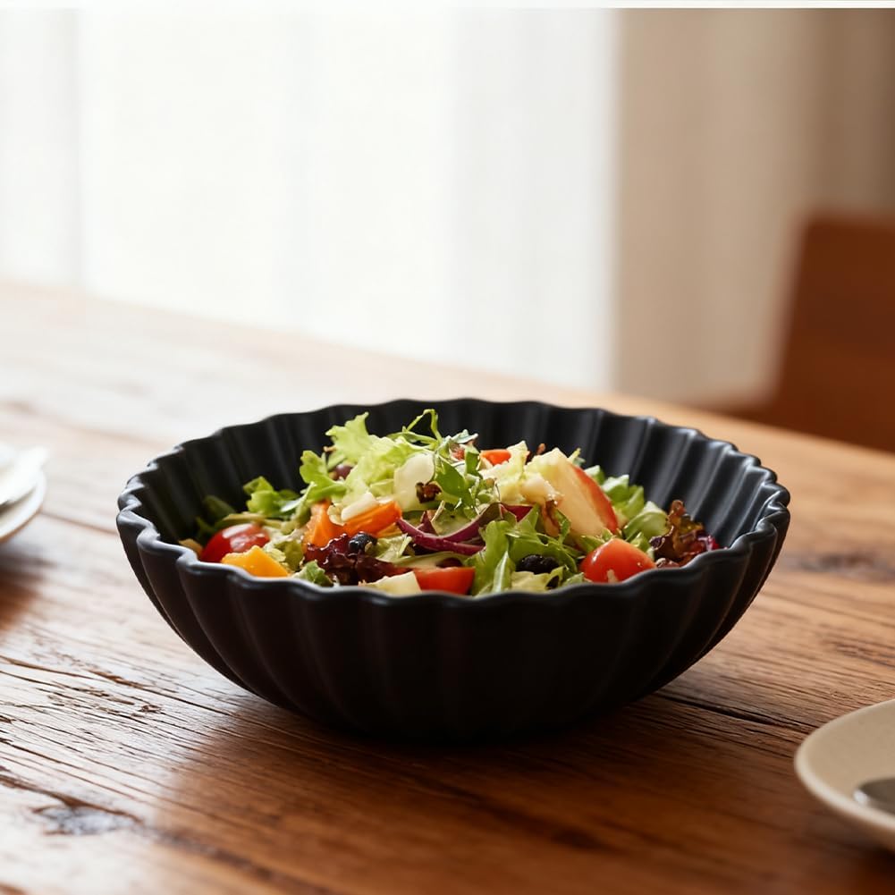 Large Black Fluted Decorative Bowl – Modern Ruffle Bowl for Kitchen, Living Room, Entryway & Coffee Table Décor, Multifunctional Black Fruit Bowl for Keys, Decorative Storage for Home