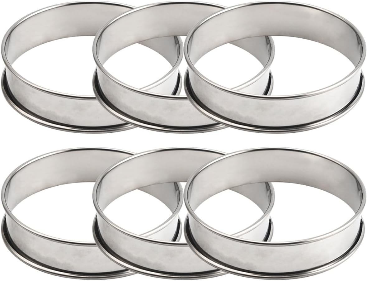 KICHOUSE 6-pcs Stainless Steel Baking Mousse Rings Non-stick round Cookie and Cake Mold Set for Home Pastry and Dessert Baking