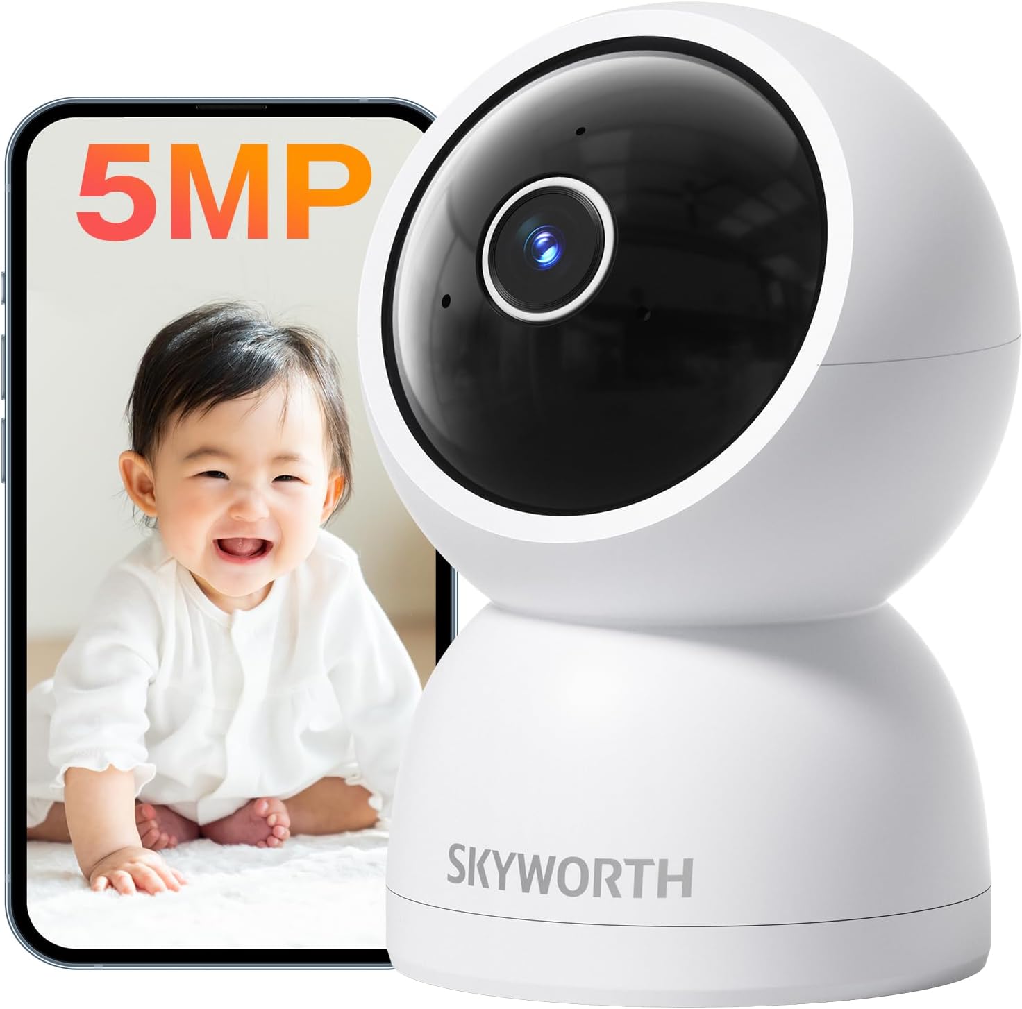 Skyworth C50 indoor security camera with a smartphone displaying a baby's image