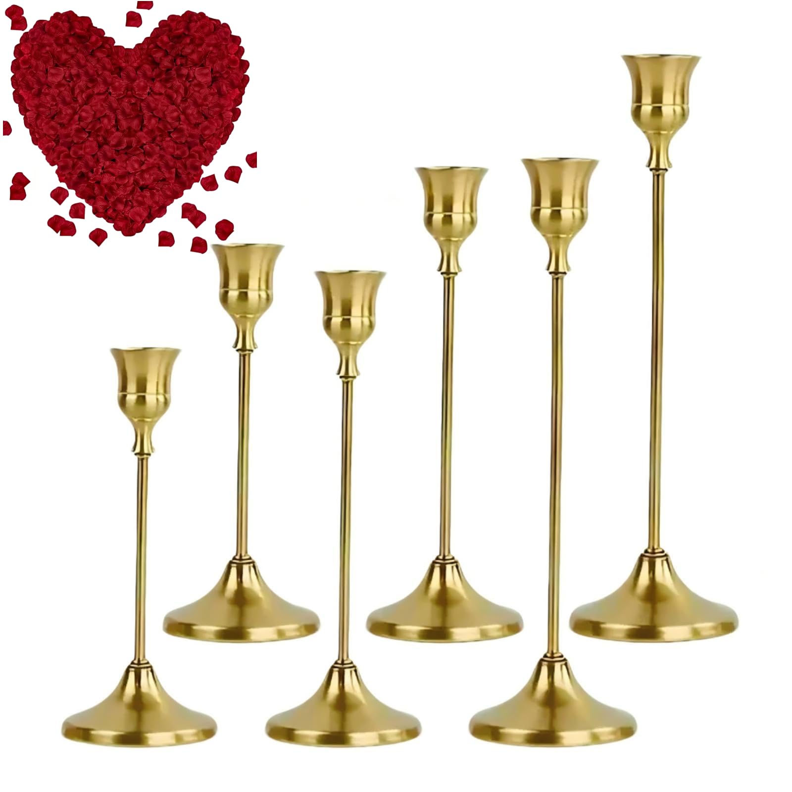 Chariva Copper-Colored 6 Pcs Gold Taper Candle Holders With 1000 Wine Red Artificial Rose Petals, Metal Candlestick For Wedding Table Centerpiece, Romantic Dinner Gift (Copper-Colored)