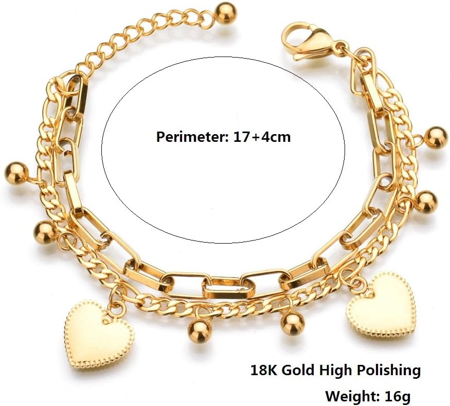 LUREME 18K Gold Stainless Steel Multi Chains Bracelet with Ball and Heart Charms for Women