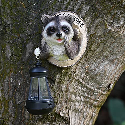Misumiso Raccoon Tree Hugger With Solar Led Lantern, Welcome Sign, Garden Peeker Yard Art, Outdoor Whimsical Tree Sculpture Garden Gnome Figurine Statue Decoration Décor #TOP4
