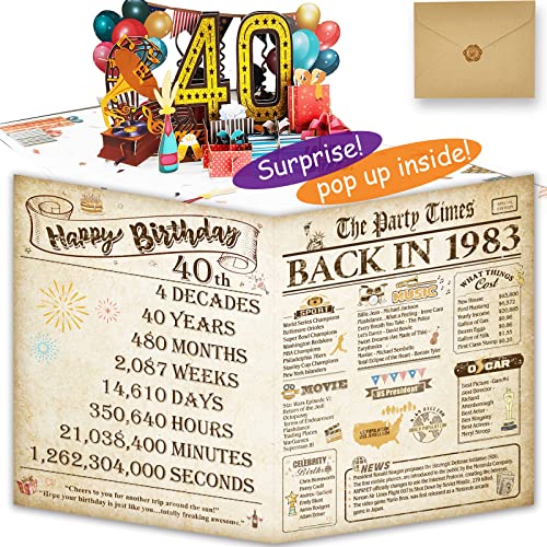 40Th Birthday Cards For Women Or Men, 3D Pop Up Greeting Card In Classy Vintage Cover, Funny 40Th Birthday Gifts Idea For Party Supplies, Unique 40 Year Anniversary For Mom Dad, Back In 1983, Jumbo Size 8X10" #TOP19