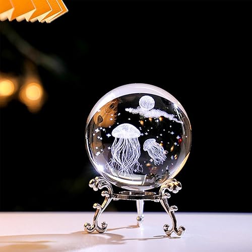 Bola de cristal grabada con láser 3D con soporte, esfera de cristal, bola decorativa, pisapapeles, figura de medusa de cristal, coleccionable,