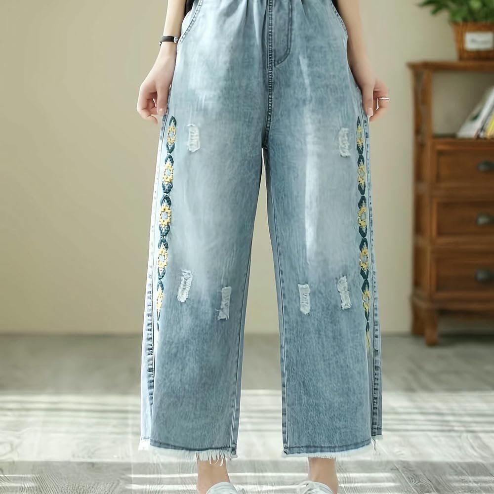 Jean Ample à Jambe Large de Haute Qualité avec Détails d'ourlet Brut et Broderies