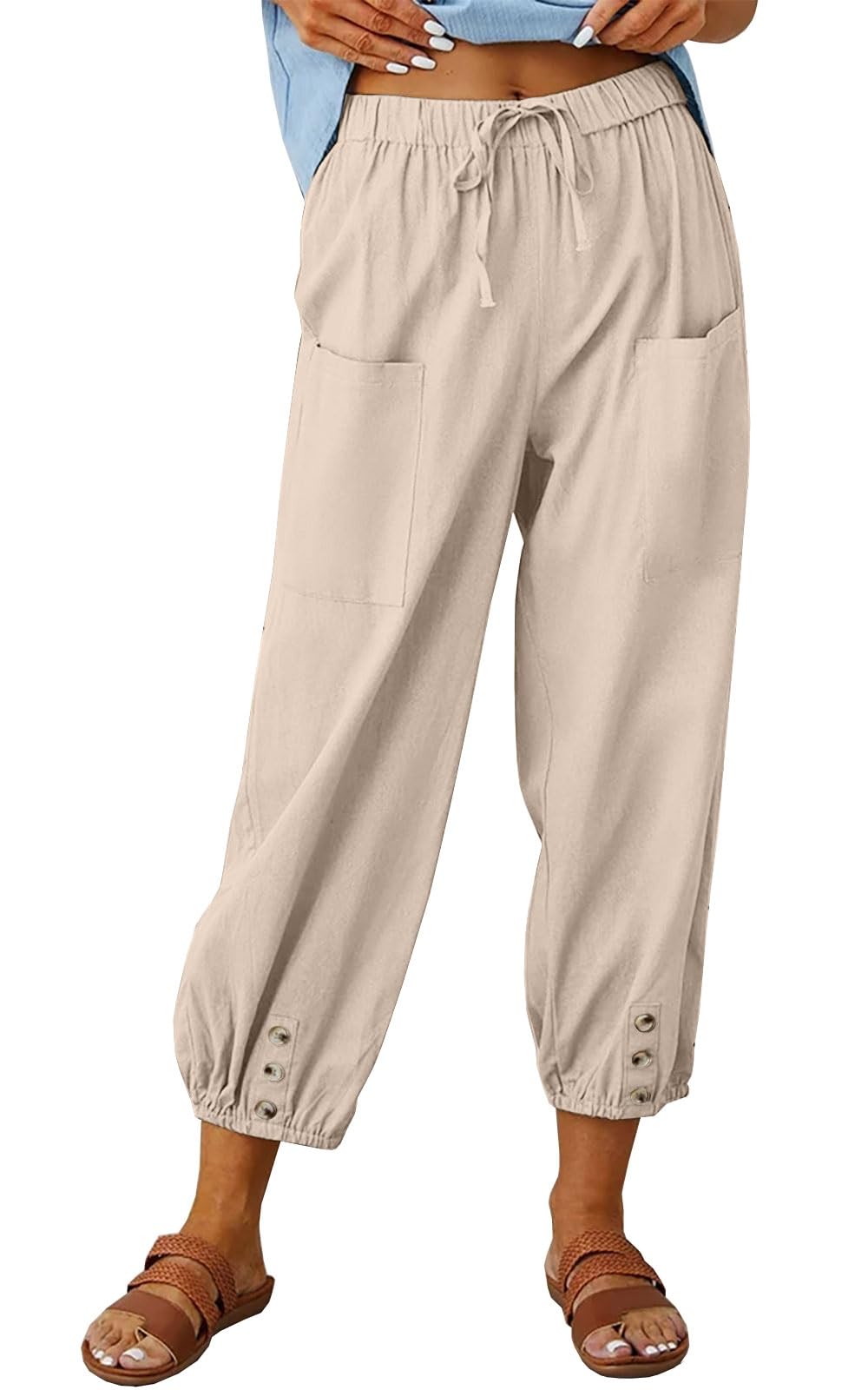 Yutdeng Pantalon Lin Femme Été Pantalon Femme Taille Elastique 7/8 Large Pantalons pour Femmes Coton Taille Haute Pantacourt Ample Pants Décontracté Rétro Léger avec Poches Sport Jogging Plage Yoga